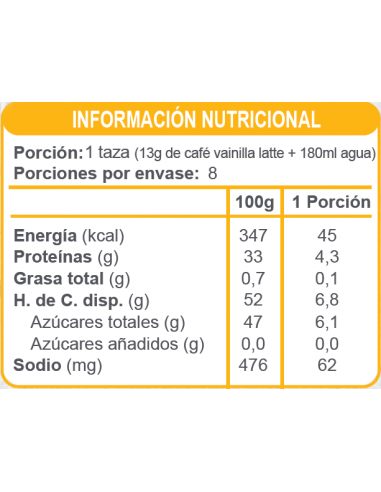 Café vainilla latte sin azúcar En Línea 104g