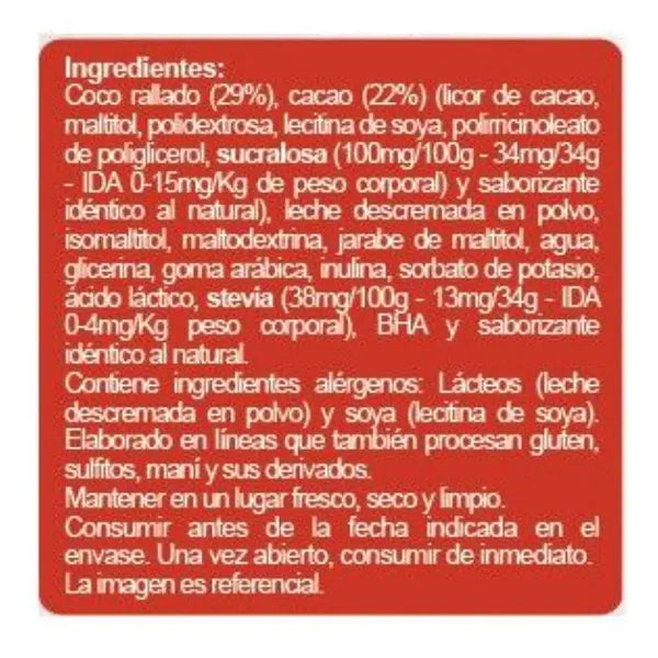 20 Barras de Coco Cubiertas con Chocolate Sin Azúcar 34g
